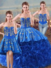 Stylish Royal Blue Lace Up Quinceanera Dresses Embroidery and Ruffles Sleeveless Floor Length