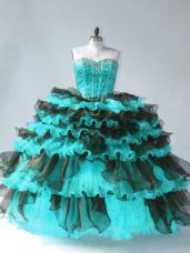 Sumptuous Floor Length Blue And Black Quinceanera Dress Sweetheart Sleeveless Lace Up