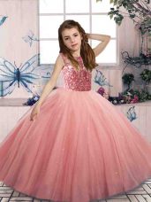 Graceful Tulle Scoop Sleeveless Lace Up Beading Pageant Dress for Teens in Watermelon Red