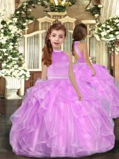 Custom Made Floor Length Lilac High School Pageant Dress Organza Sleeveless Beading and Ruffles