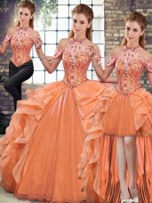 Decent Three Pieces Vestidos de Quinceanera Orange Halter Top Organza Sleeveless Floor Length Lace Up