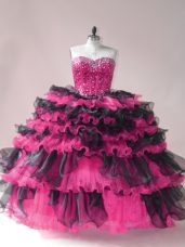 Fabulous Pink And Black Ball Gowns Beading and Ruffled Layers Ball Gown Prom Dress Lace Up Organza Sleeveless