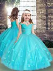 Floor Length Aqua Blue Little Girls Pageant Dress Straps Sleeveless Lace Up
