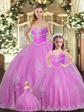 Edgy Lilac Ball Gowns Tulle Sweetheart Sleeveless Beading and Appliques Floor Length Lace Up Quince Ball Gowns