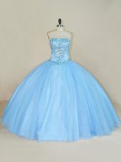Elegant Blue Strapless Lace Up Beading Quinceanera Gown Sleeveless