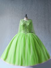 Dazzling Green Tulle Lace Up Scoop Long Sleeves Floor Length Quinceanera Gowns Beading