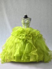 Amazing Floor Length Lace Up Vestidos de Quinceanera Yellow Green for Sweet 16 and Quinceanera with Beading and Ruffles