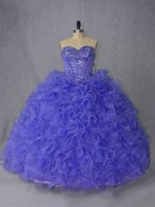 Lavender and Purple Ball Gowns Sweetheart Sleeveless Organza Brush Train Lace Up Beading 15 Quinceanera Dress