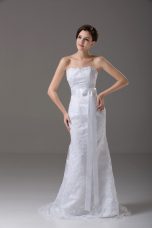 Delicate Sleeveless Brush Train Lace and Belt Zipper Wedding Dresses