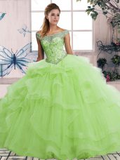 Yellow Green Tulle Lace Up Quinceanera Gown Sleeveless Floor Length Beading and Ruffles