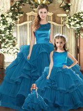 New Style Teal Sleeveless Tulle Lace Up 15th Birthday Dress for Military Ball and Sweet 16 and Quinceanera