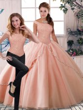 Fantastic Peach Off The Shoulder Lace Up Beading Quinceanera Gown Brush Train Sleeveless