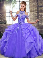 Purple Sleeveless Floor Length Beading and Ruffles Lace Up Vestidos de Quinceanera
