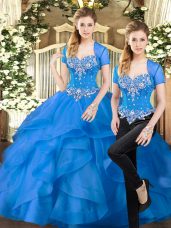 Blue Two Pieces Sweetheart Sleeveless Tulle Floor Length Lace Up Beading and Ruffles Vestidos de Quinceanera
