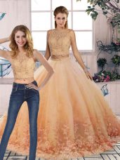 Luxury Peach Quinceanera Dress Scalloped Sleeveless Sweep Train Backless