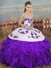 Luxury White And Purple Sweetheart Lace Up Embroidery and Ruffles and Bowknot Ball Gown Prom Dress Sleeveless
