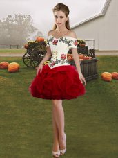 High Quality Tulle Off The Shoulder Sleeveless Lace Up Embroidery and Ruffles in Wine Red