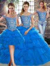 Custom Designed Beading and Pick Ups 15 Quinceanera Dress Blue Lace Up Sleeveless Brush Train