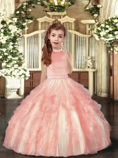 Sleeveless Floor Length Beading and Ruffles Backless Little Girl Pageant Dress with Peach