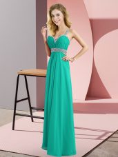 Turquoise Chiffon Criss Cross Straps Sleeveless Floor Length Prom Evening Gown Beading