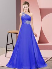 Chiffon One Shoulder Sleeveless Lace Up Beading and Ruching Prom Evening Gown in Purple