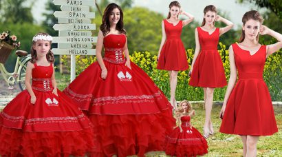 Elegant Red Satin and Organza Lace Up Strapless Sleeveless Floor Length Quinceanera Gown Embroidery and Ruffles