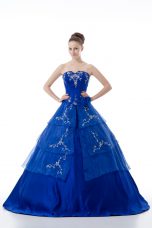 Nice Royal Blue Sleeveless Floor Length Embroidery and Ruffled Layers Lace Up Quinceanera Gowns