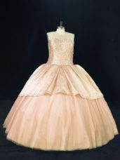 Peach Sleeveless Beading Floor Length Quince Ball Gowns