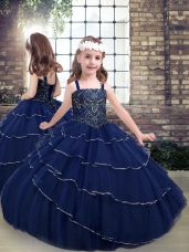 Cute Ball Gowns Little Girls Pageant Dress Navy Blue Straps Tulle Sleeveless Floor Length Lace Up