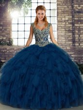 Modern Straps Sleeveless 15th Birthday Dress Floor Length Beading and Ruffles Blue Organza