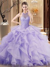 Beading and Ruffles 15 Quinceanera Dress Lavender Lace Up Sleeveless Sweep Train