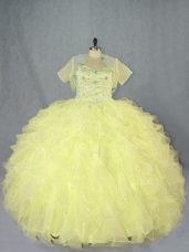 Fine Floor Length Yellow Sweet 16 Dresses Organza Sleeveless Beading and Ruffles