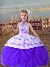 Trendy Lavender Little Girls Pageant Dress Wholesale Wedding Party with Beading and Embroidery and Ruffles Halter Top Sleeveless Lace Up
