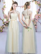 Deluxe Champagne Cap Sleeves Lace and Bowknot Floor Length Bridesmaids Dress