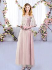 Pink Off The Shoulder Neckline Lace and Belt Bridesmaid Dress Half Sleeves Side Zipper