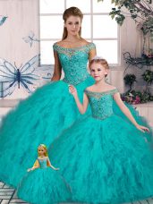 Aqua Blue Lace Up Sweet 16 Dress Beading and Ruffles Sleeveless Brush Train