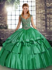 Straps Sleeveless Taffeta Quinceanera Gowns Beading and Ruffled Layers Lace Up