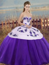 White And Purple Sleeveless Embroidery and Bowknot Floor Length Quinceanera Gown