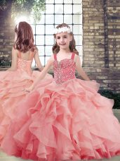 Custom Made Watermelon Red Sleeveless Tulle Lace Up Kids Pageant Dress for Party and Sweet 16 and Wedding Party