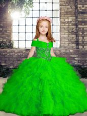 Cheap Green Tulle Lace Up Little Girls Pageant Dress Sleeveless Floor Length Beading and Ruffles