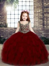 Cute Floor Length Red Little Girls Pageant Gowns Tulle Sleeveless Beading and Ruffles