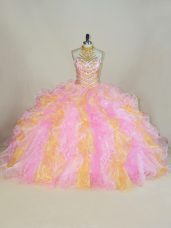 Multi-color Organza Lace Up Halter Top Sleeveless Floor Length Quinceanera Dresses Beading and Ruffles