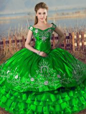 Green Sleeveless Floor Length Embroidery and Ruffled Layers Lace Up Sweet 16 Quinceanera Dress