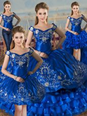 Eye-catching Off The Shoulder Sleeveless Satin and Organza Sweet 16 Dresses Embroidery and Ruffled Layers Lace Up