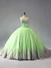 Ball Gowns Sleeveless Yellow Green Quince Ball Gowns Court Train Lace Up