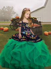 Turquoise Lace Up Straps Embroidery and Ruffles Pageant Dress Toddler Tulle Sleeveless