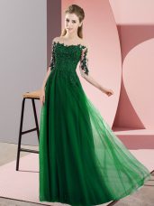 Half Sleeves Floor Length Beading and Lace Lace Up Quinceanera Court Dresses with Dark Green