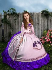 Trendy White Ball Gowns Satin and Organza Straps Sleeveless Embroidery and Ruffles Lace Up Girls Pageant Dresses Sweep Train