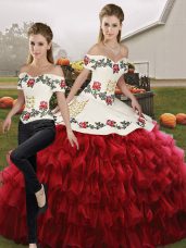 Cute Wine Red Two Pieces Organza Off The Shoulder Sleeveless Embroidery and Ruffled Layers Floor Length Lace Up Quinceanera Gowns