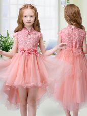 Sexy High Low A-line Cap Sleeves Peach Toddler Flower Girl Dress Zipper